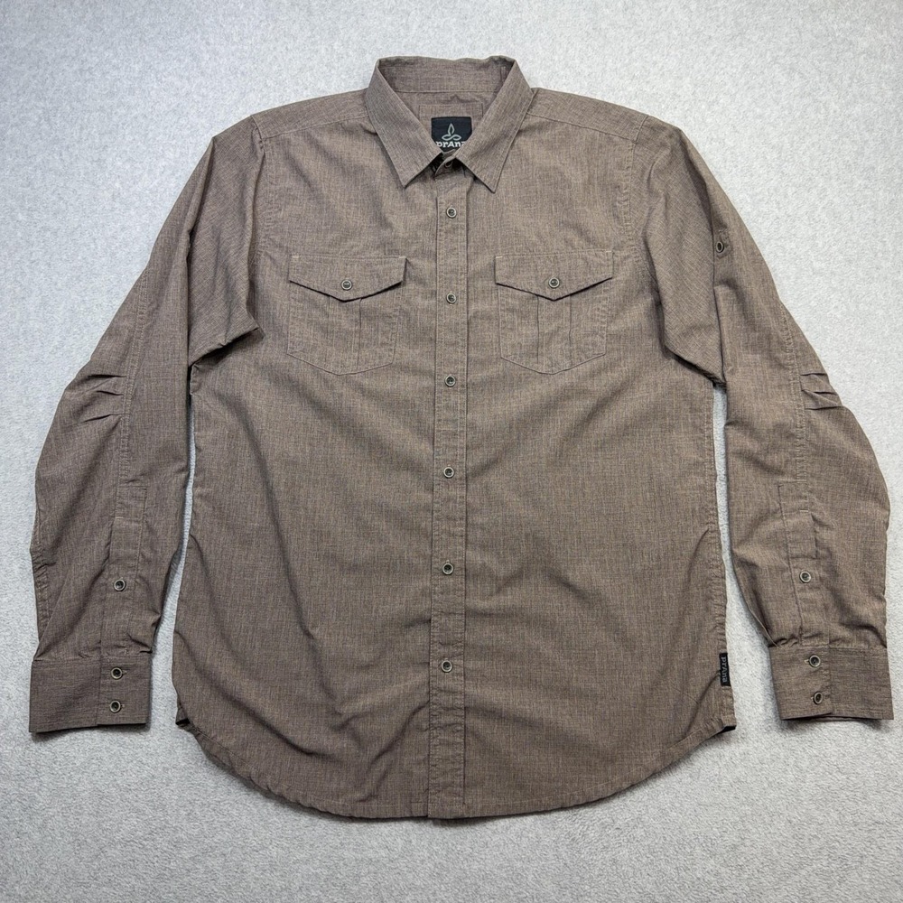 PrAna Ascension Shirt Mens Medium Brown Long Sleeve Button Tech Outdoor Travel
